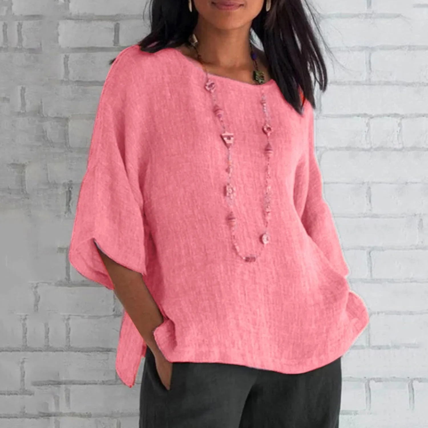 Women's Summer Tops Trendy Comfy Cotton Linen Shirts Loose Soft Linen Blouse Round Neck Oversized Tunic Blouses