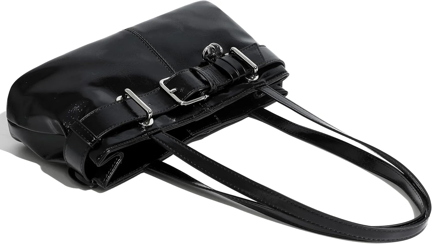 Women's Vegan Leather East West Y2K Buckle Belt Satchel Tote Shoulder Bag