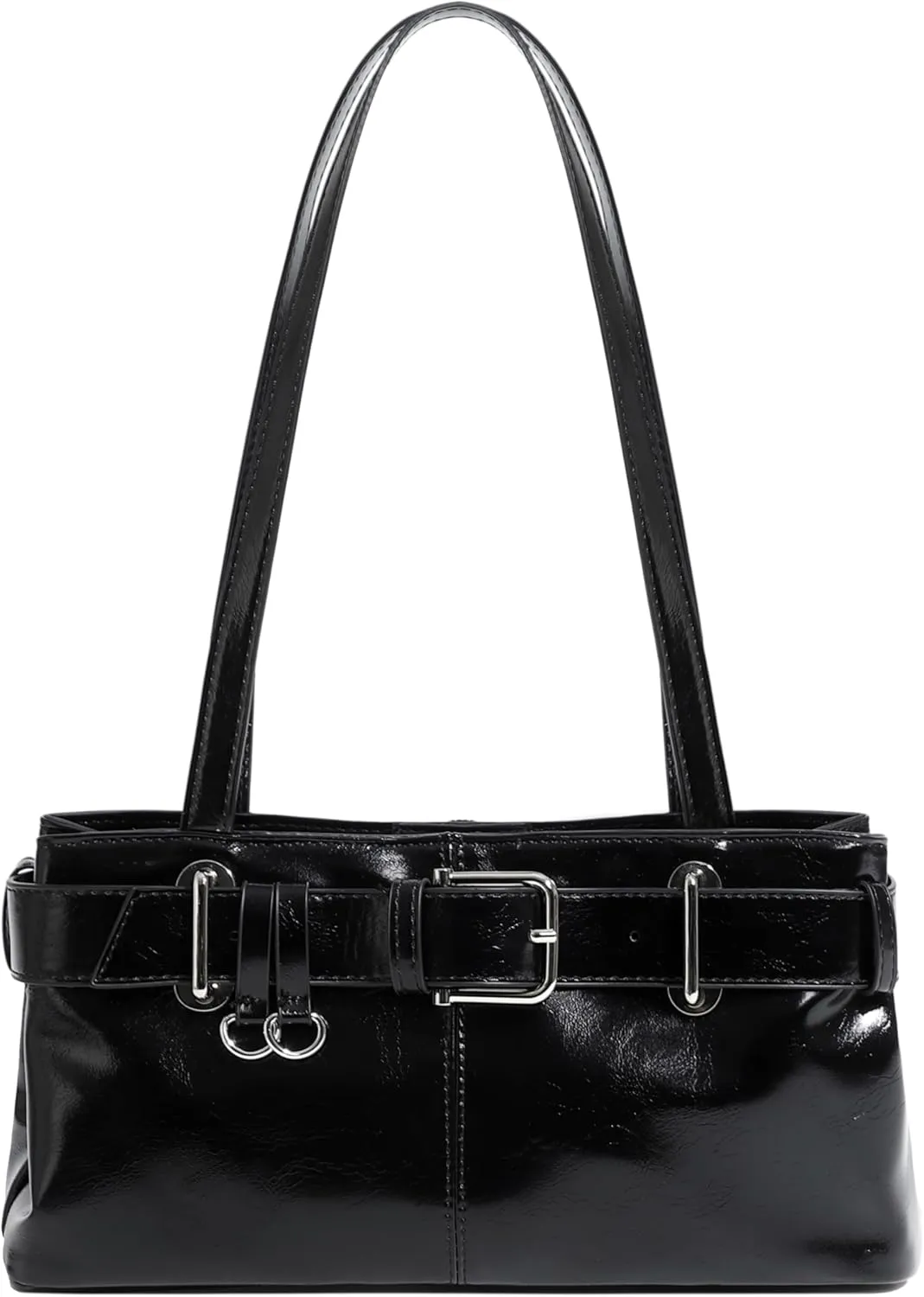 Women's Vegan Leather East West Y2K Buckle Belt Satchel Tote Shoulder Bag