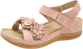 Womens Wedge Sandals Comfortable Open Toe Arch Support Ankle Strap Sandal Leather Flower Trim Vamp Bohemian Sandals Summer Non Slip Comfortable Sandal Casual Beach Vacation Shoes