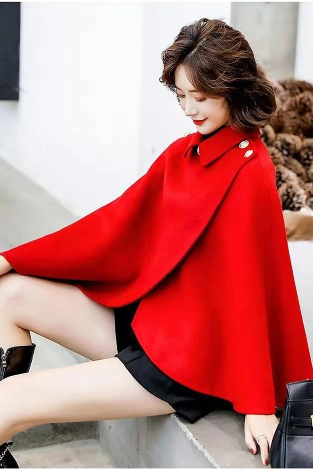 Women's Wool Blend Capelet Capes Hooded Warm Poncho In winter