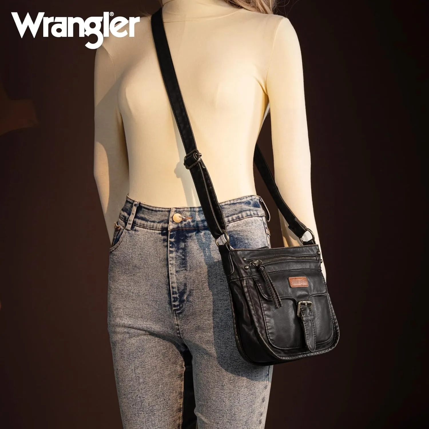 Wrangler Crossbody Bag for Women Small Soft Washed Leather Multi Pocket Shoulder Purses