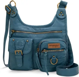 Wrangler Crossbody Bag for Women Small Soft Washed Leather Multi Pocket Shoulder Purses