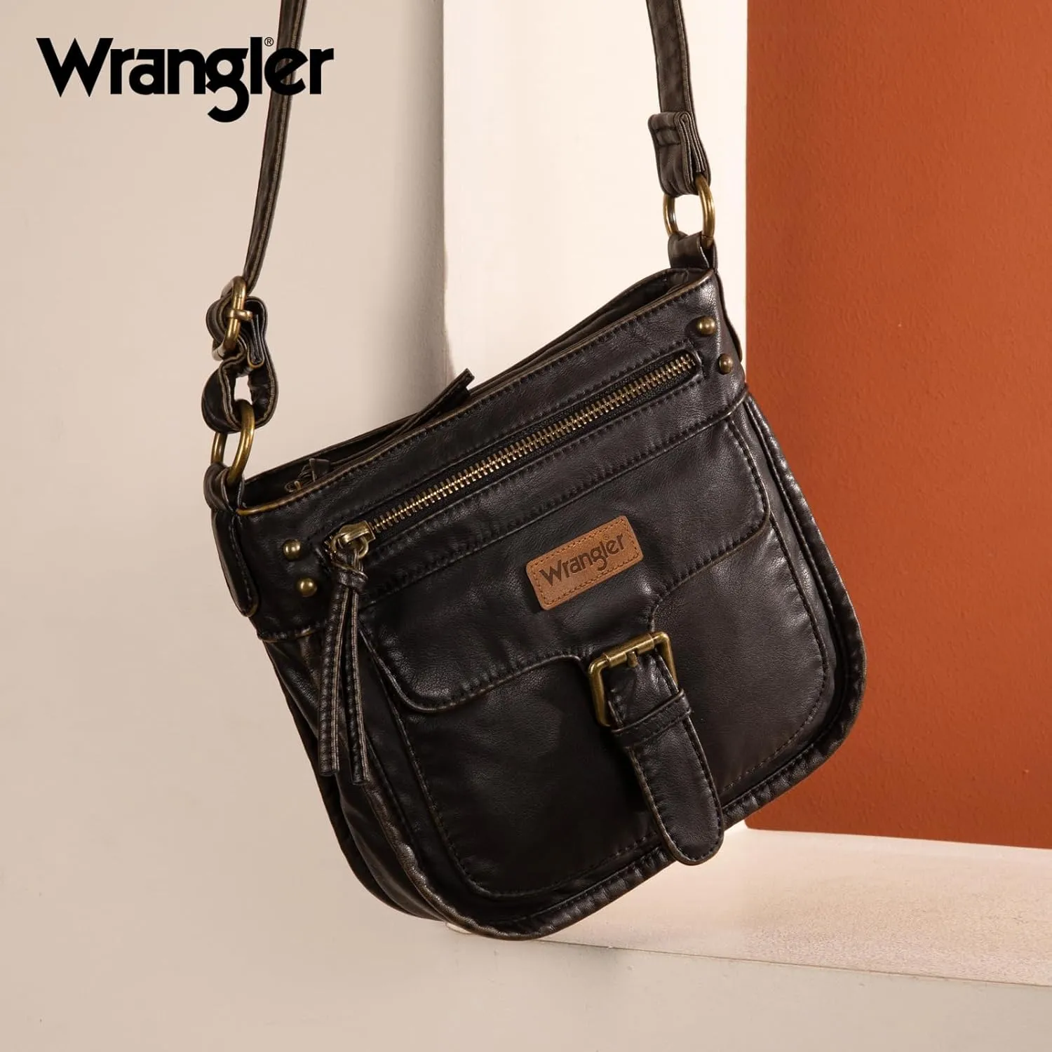Wrangler Crossbody Bag for Women Small Soft Washed Leather Multi Pocket Shoulder Purses