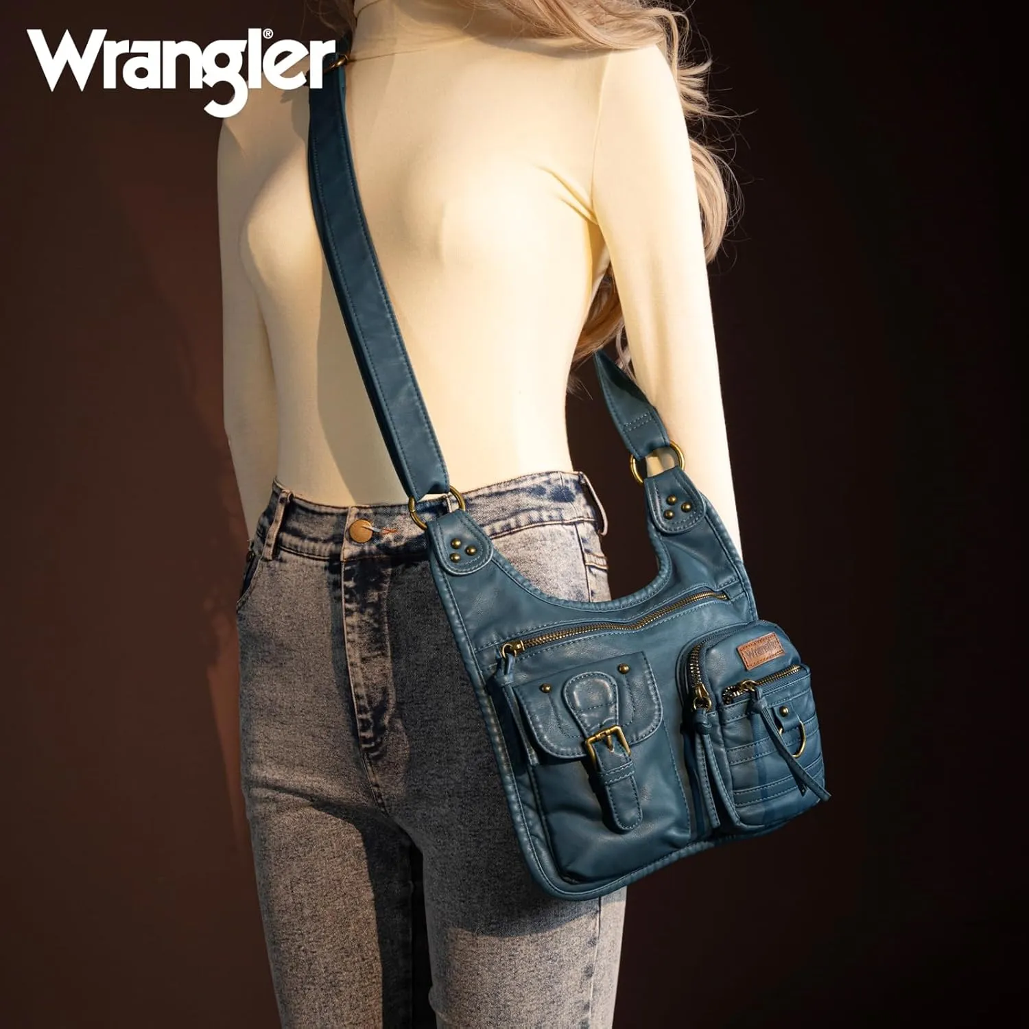 Wrangler Crossbody Bag for Women Small Soft Washed Leather Multi Pocket Shoulder Purses