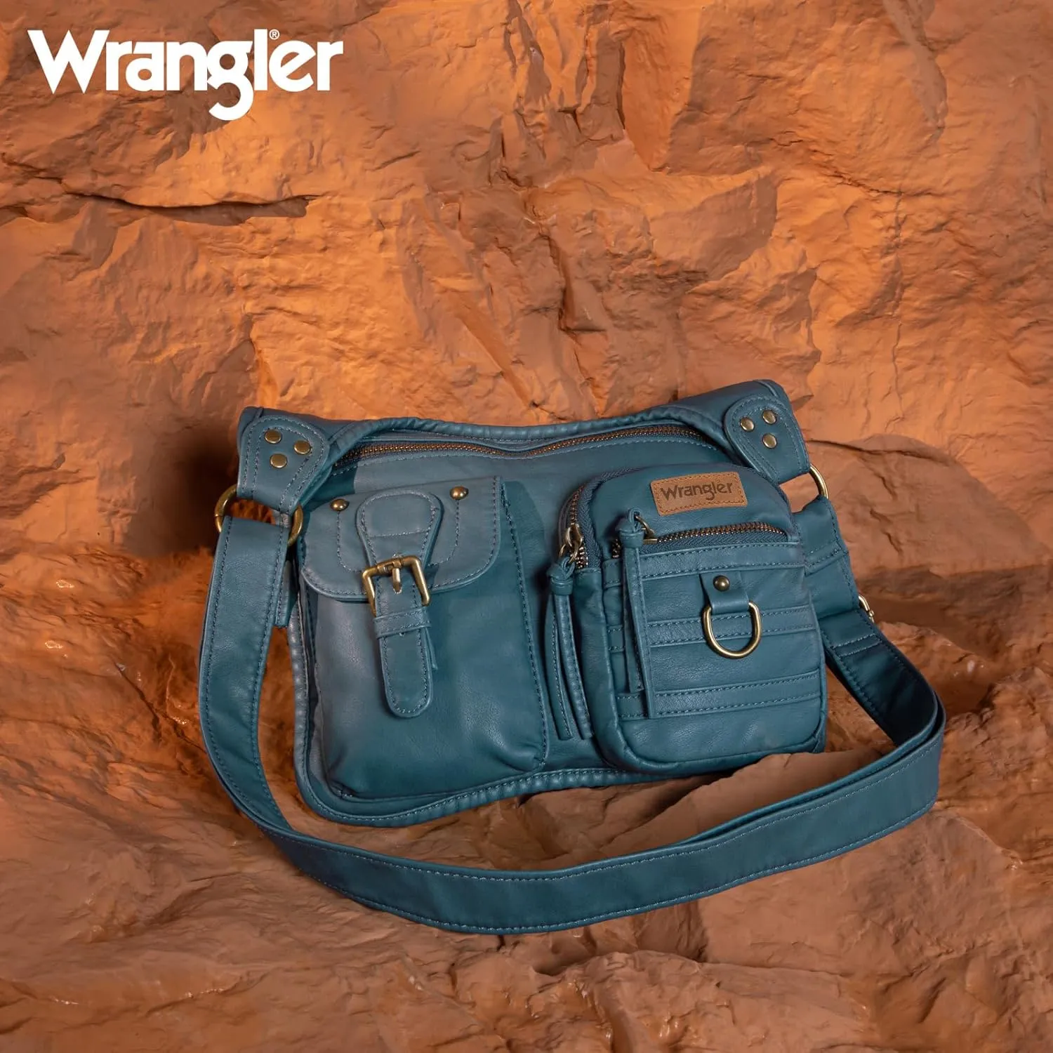 Wrangler Crossbody Bag for Women Small Soft Washed Leather Multi Pocket Shoulder Purses