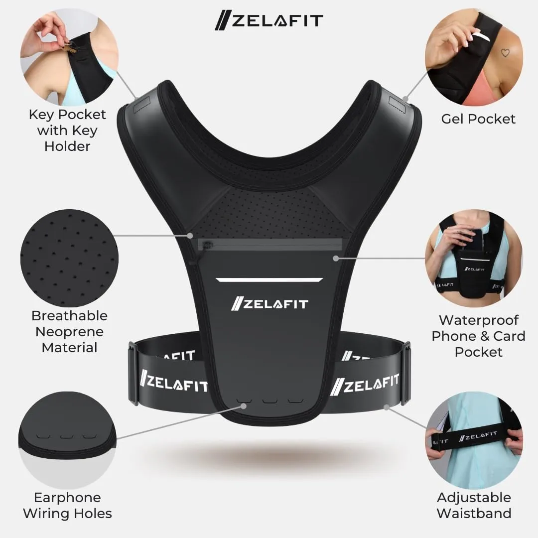 ZelaFit Running Vest for Women & Men Running Phone Holder  Perfect for Running Gear, Running Accessories, Running Essentials - Lightweight Chest Rig Phone Holder for Running (Black)