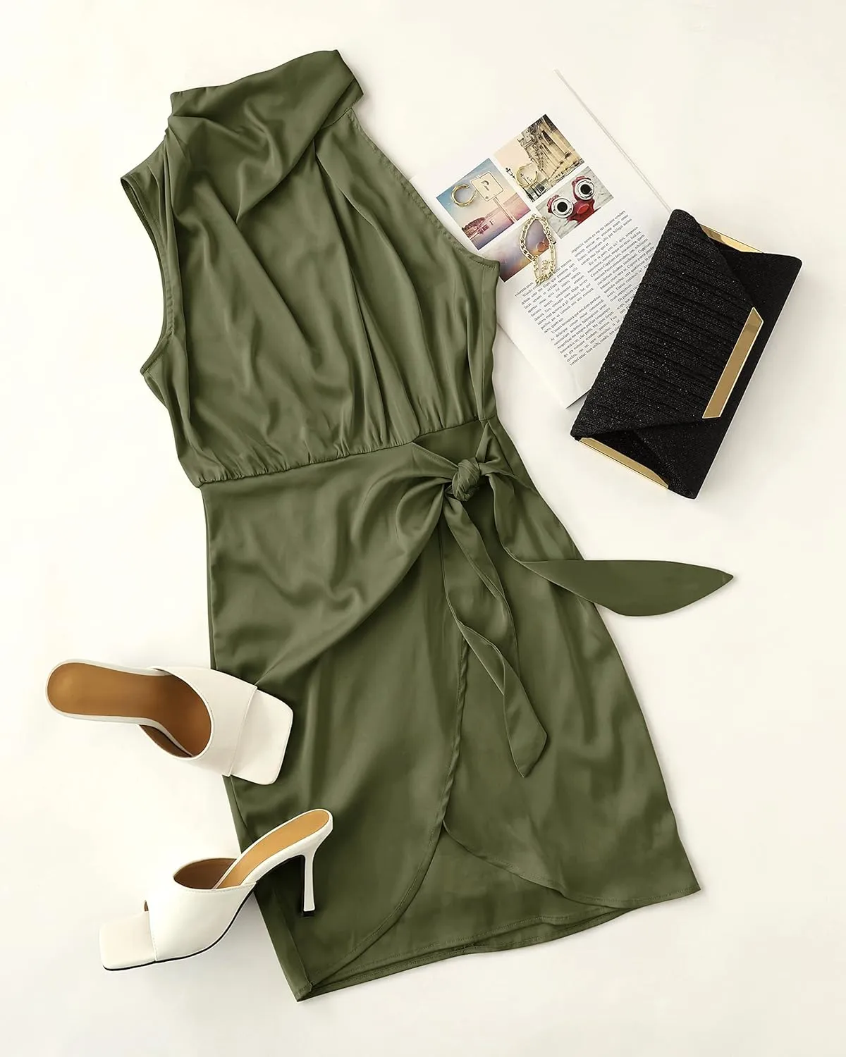 ZESICA Women's 2025 Fashion Satin Sleeveless Halter Neck Tie Waist Wrap Bodycon Cocktail Party Mini Dress