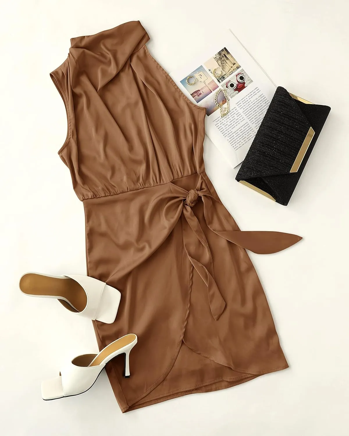 ZESICA Women's 2025 Fashion Satin Sleeveless Halter Neck Tie Waist Wrap Bodycon Cocktail Party Mini Dress
