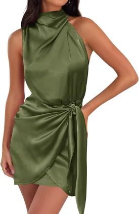 ZESICA Women's 2025 Fashion Satin Sleeveless Halter Neck Tie Waist Wrap Bodycon Cocktail Party Mini Dress