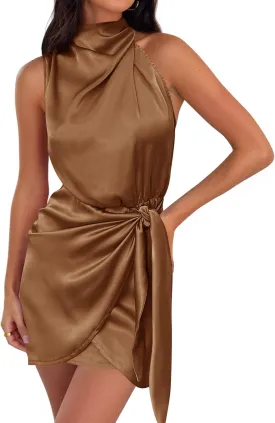 ZESICA Women's 2025 Fashion Satin Sleeveless Halter Neck Tie Waist Wrap Bodycon Cocktail Party Mini Dress