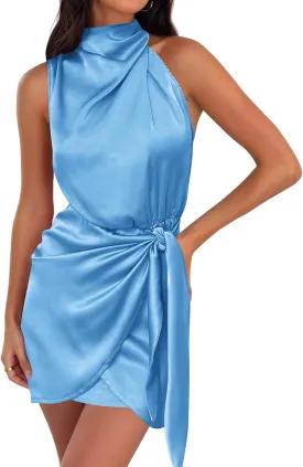 ZESICA Women's 2025 Fashion Satin Sleeveless Halter Neck Tie Waist Wrap Bodycon Cocktail Party Mini Dress