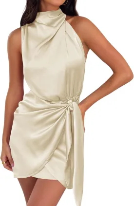 ZESICA Women's 2025 Fashion Satin Sleeveless Halter Neck Tie Waist Wrap Bodycon Cocktail Party Mini Dress