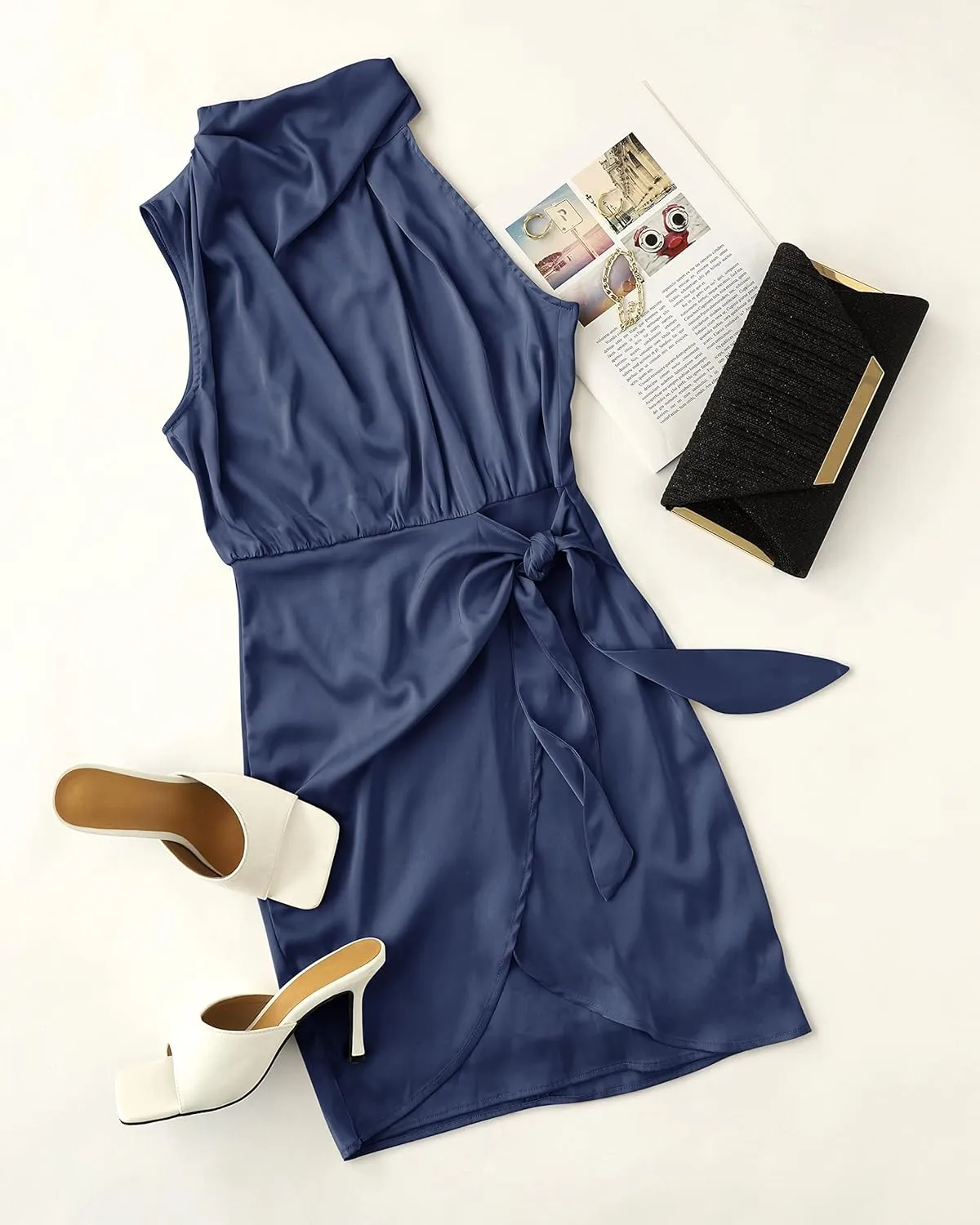 ZESICA Women's 2025 Fashion Satin Sleeveless Halter Neck Tie Waist Wrap Bodycon Cocktail Party Mini Dress
