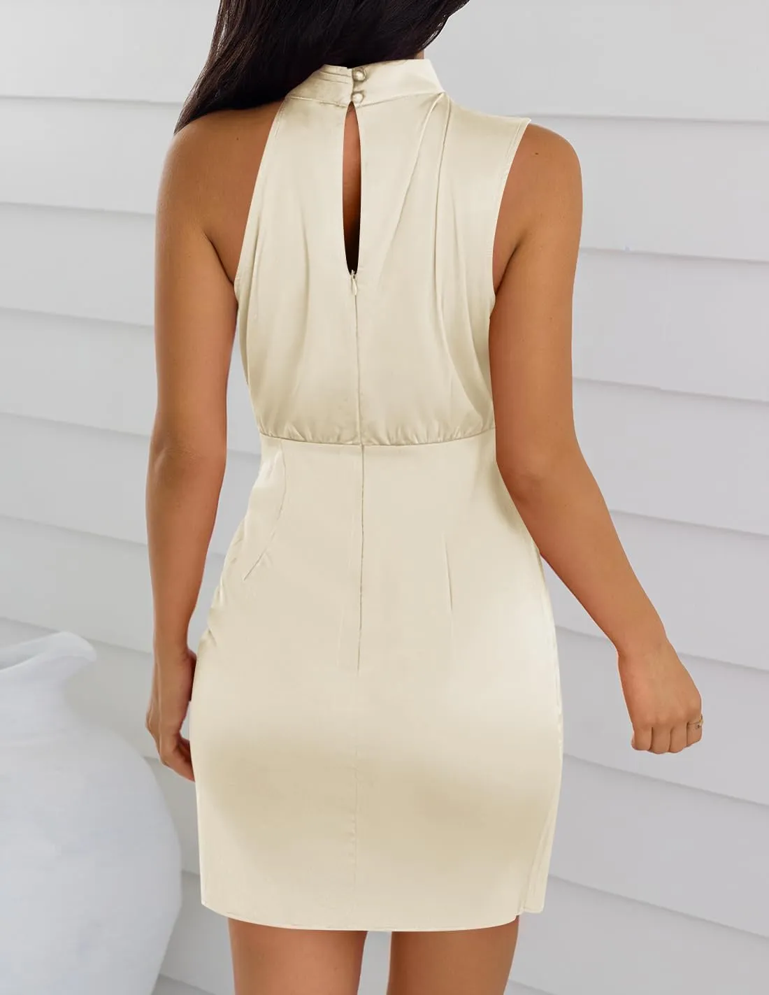 ZESICA Women's 2025 Fashion Satin Sleeveless Halter Neck Tie Waist Wrap Bodycon Cocktail Party Mini Dress