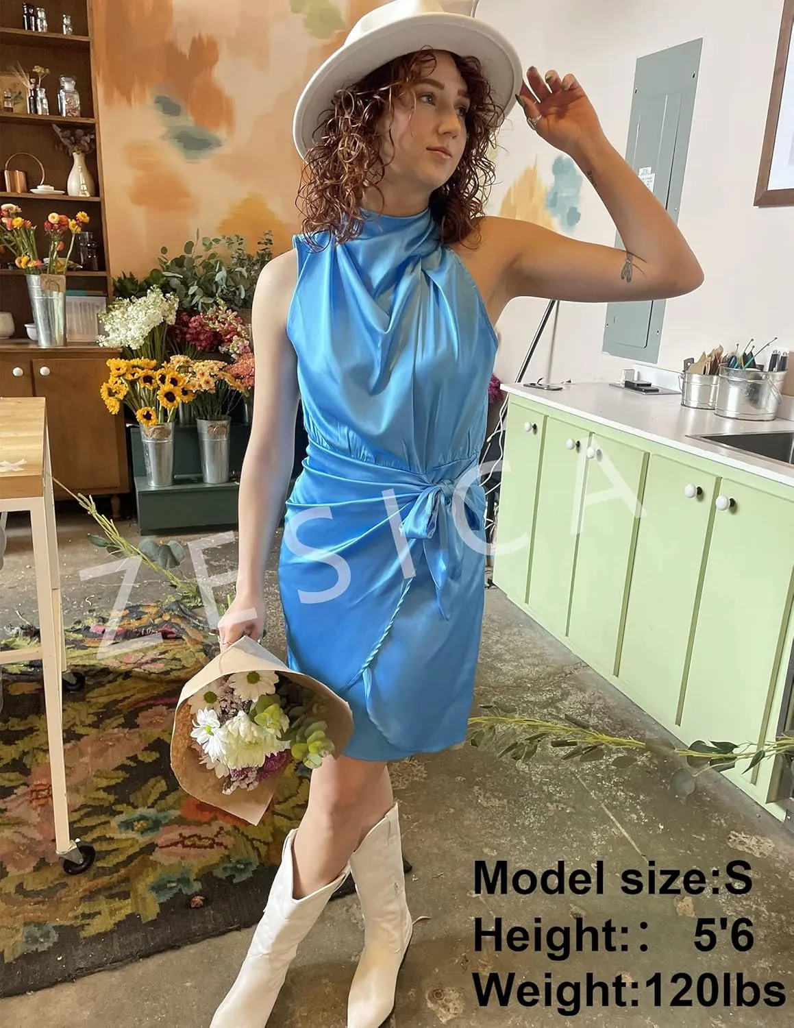 ZESICA Women's 2025 Fashion Satin Sleeveless Halter Neck Tie Waist Wrap Bodycon Cocktail Party Mini Dress