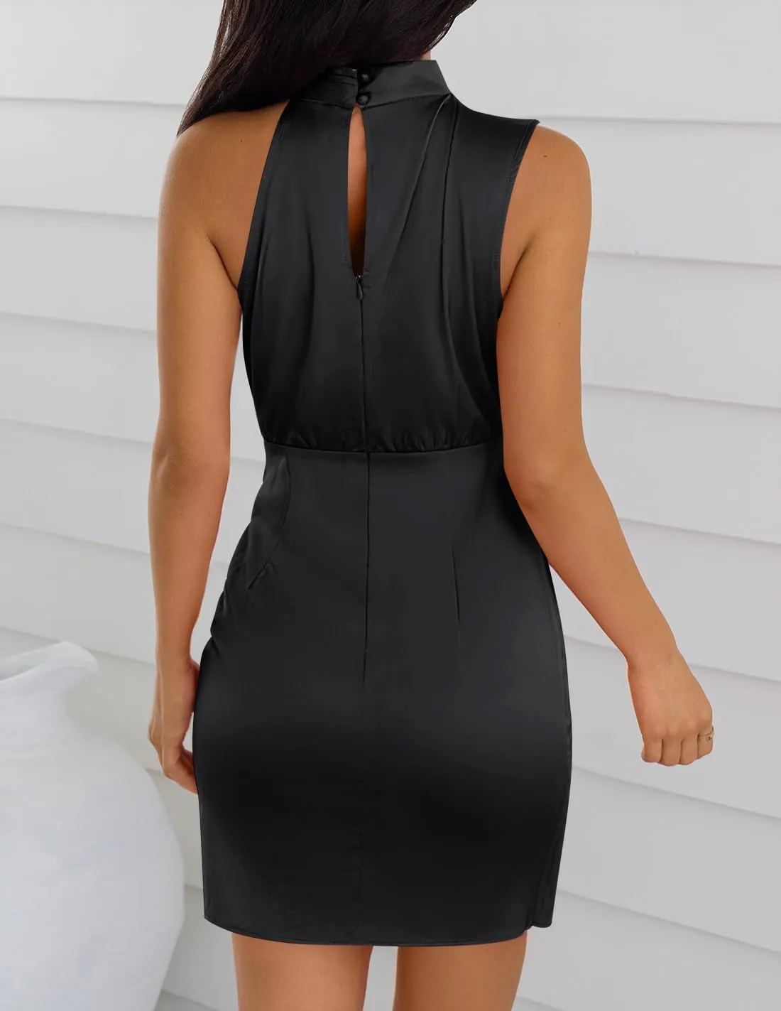 ZESICA Women's 2025 Fashion Satin Sleeveless Halter Neck Tie Waist Wrap Bodycon Cocktail Party Mini Dress