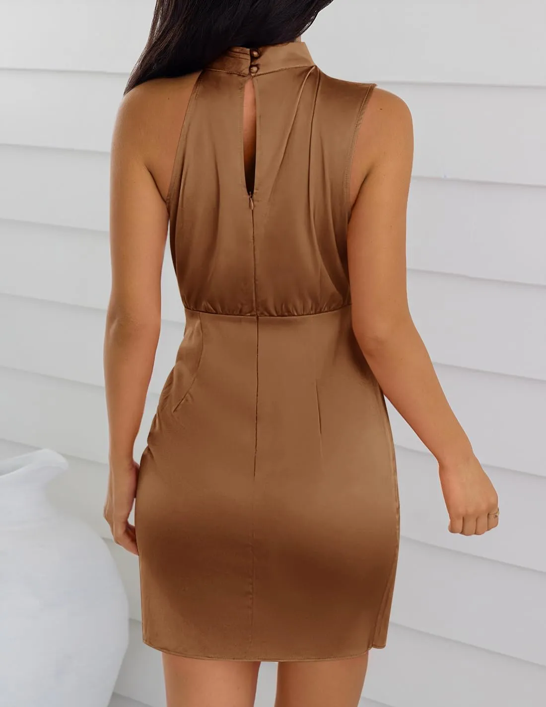 ZESICA Women's 2025 Fashion Satin Sleeveless Halter Neck Tie Waist Wrap Bodycon Cocktail Party Mini Dress