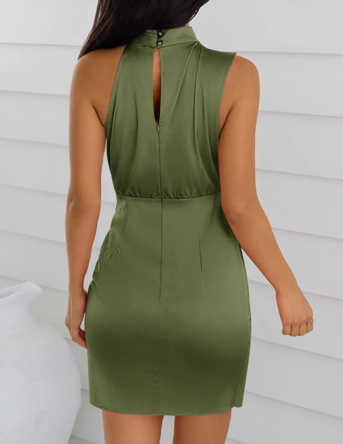 ZESICA Women's 2025 Fashion Satin Sleeveless Halter Neck Tie Waist Wrap Bodycon Cocktail Party Mini Dress