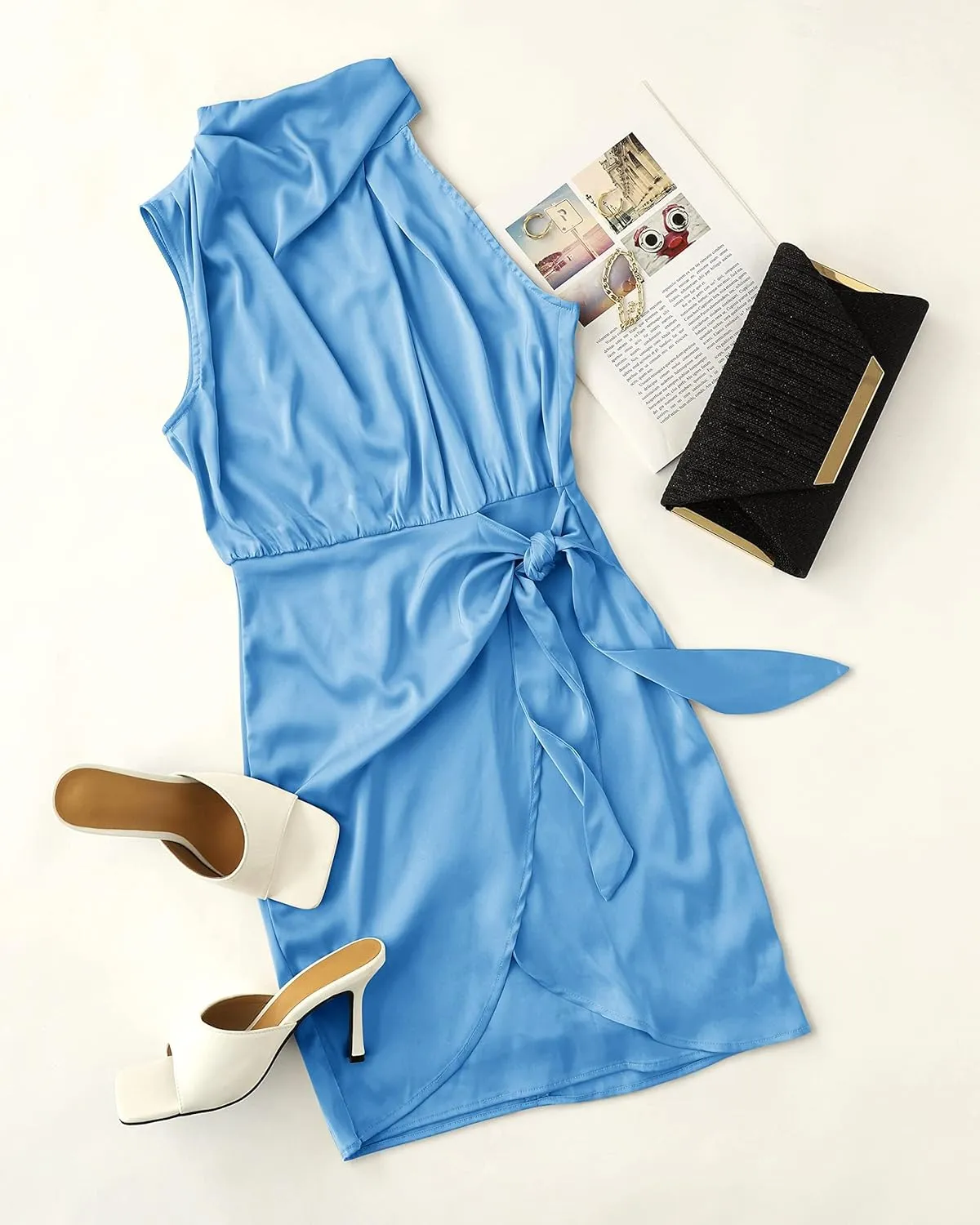 ZESICA Women's 2025 Fashion Satin Sleeveless Halter Neck Tie Waist Wrap Bodycon Cocktail Party Mini Dress