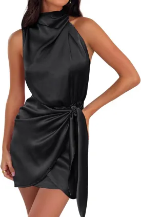 ZESICA Women's 2025 Fashion Satin Sleeveless Halter Neck Tie Waist Wrap Bodycon Cocktail Party Mini Dress