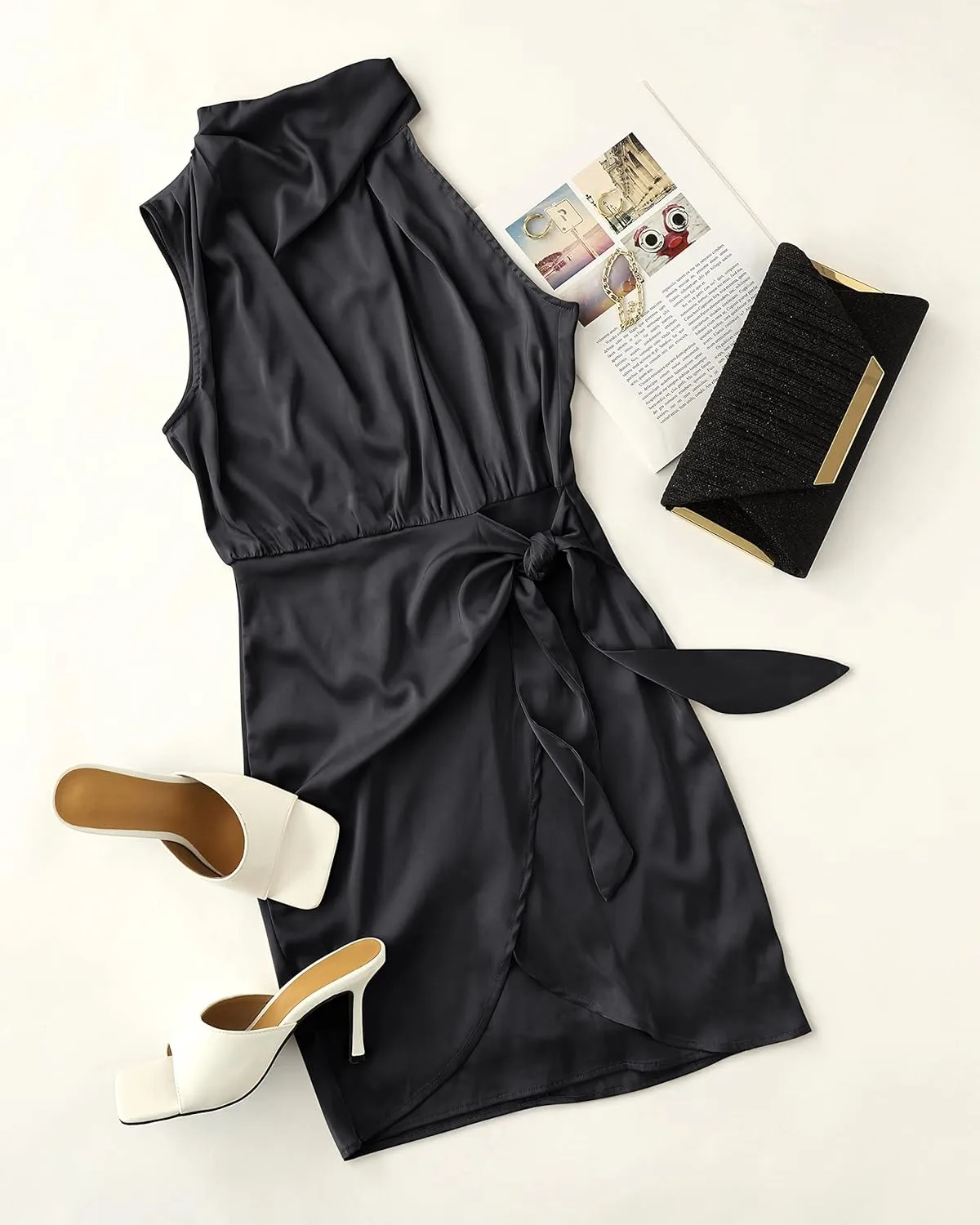 ZESICA Women's 2025 Fashion Satin Sleeveless Halter Neck Tie Waist Wrap Bodycon Cocktail Party Mini Dress