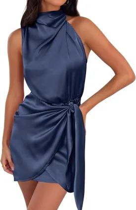 ZESICA Women's 2025 Fashion Satin Sleeveless Halter Neck Tie Waist Wrap Bodycon Cocktail Party Mini Dress