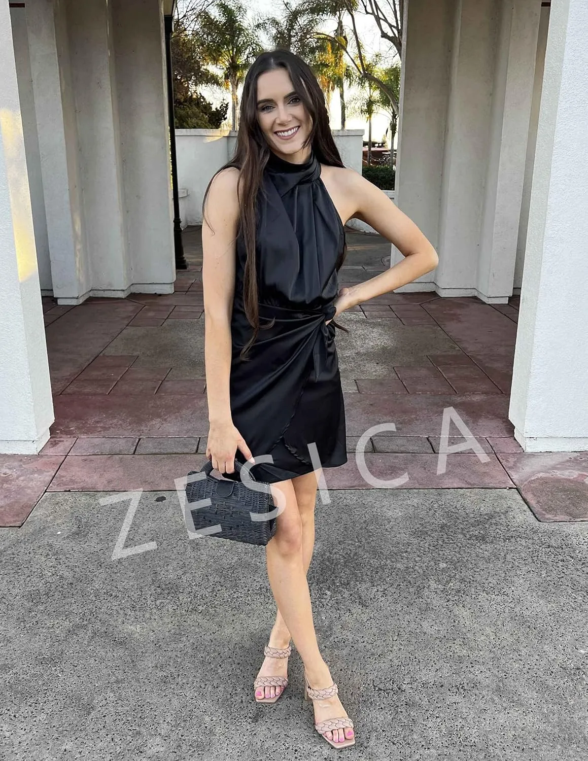 ZESICA Women's 2025 Fashion Satin Sleeveless Halter Neck Tie Waist Wrap Bodycon Cocktail Party Mini Dress
